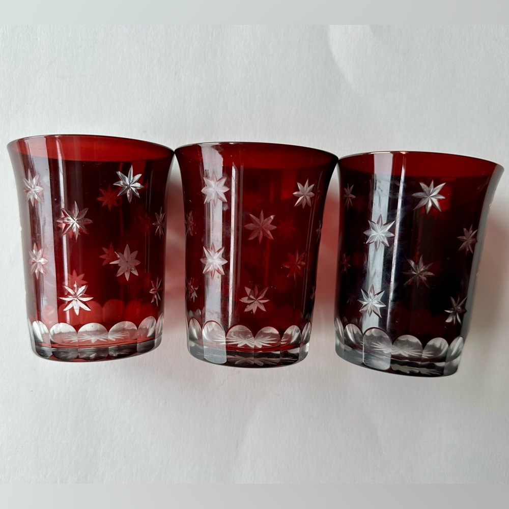 Crabtree & Evelyn 3 Vintage Christmas Red Glass Candle Holders with Etched Stars